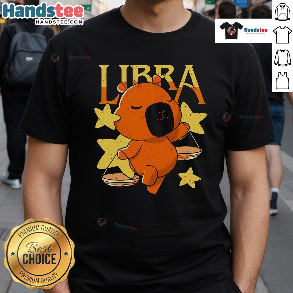 Cute Capybara Libra T Shirt Alt Text: Adorable capybara graphic on a Libra t-shirt, perfect for animal lovers and astrology enthusiasts.