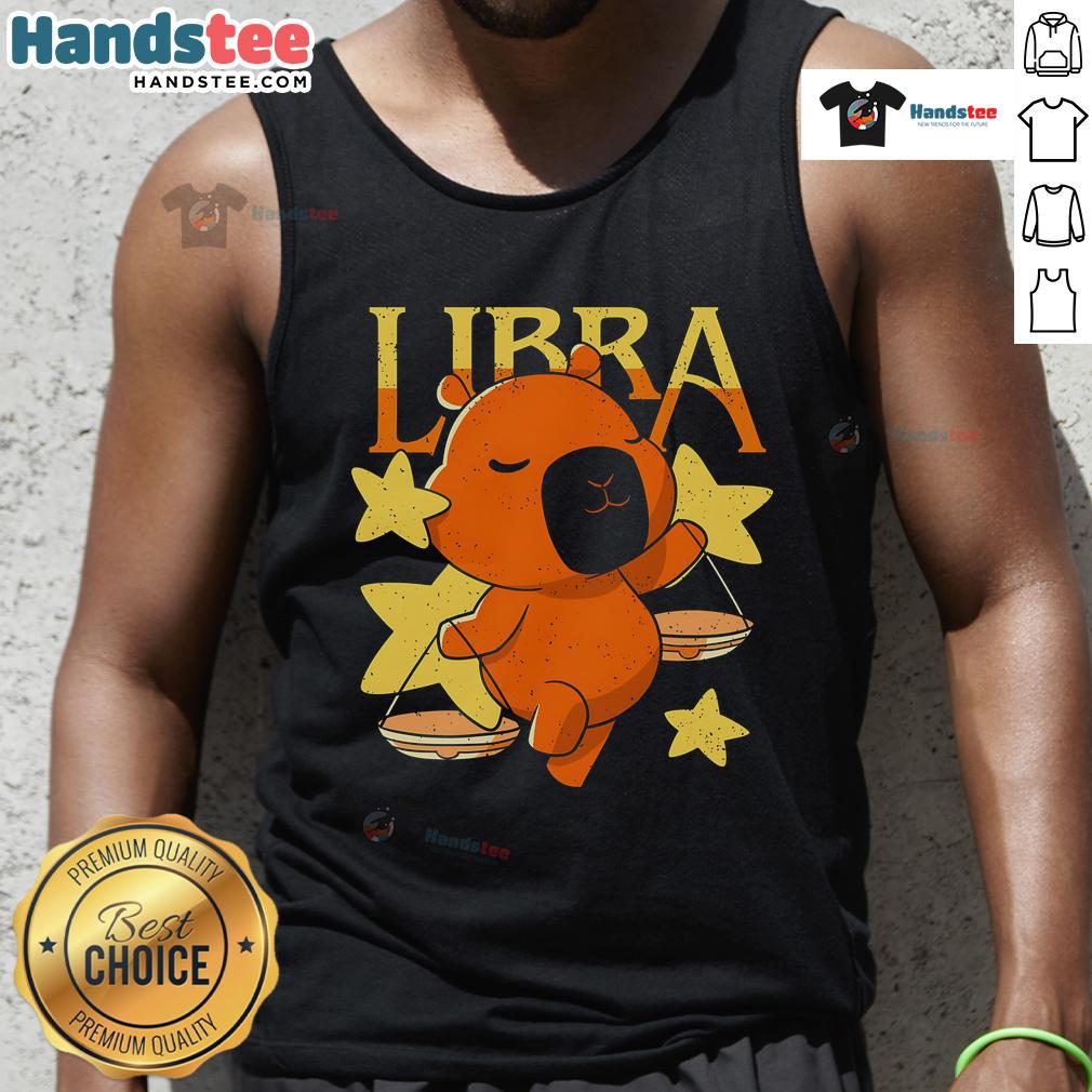 Cute Capybara Libra Tank Top Adorable capybara graphic on a Libra tank top, perfect for animal lovers and zodiac enthusiasts.