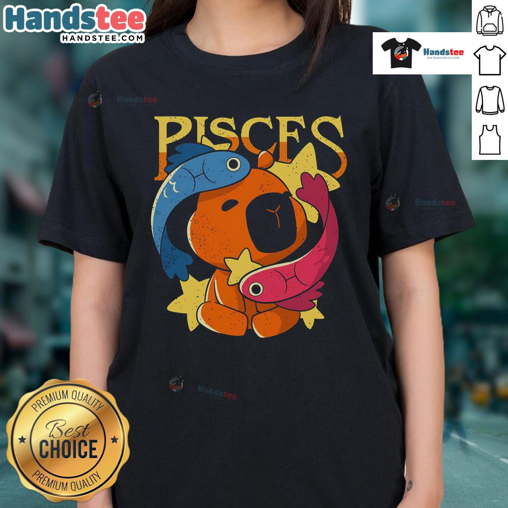 Cute Capybara Pisces Ladies Tee Alt Text: Cute capybara graphic on a Pisces ladies tee, perfect for zodiac lovers and animal enthusiasts.