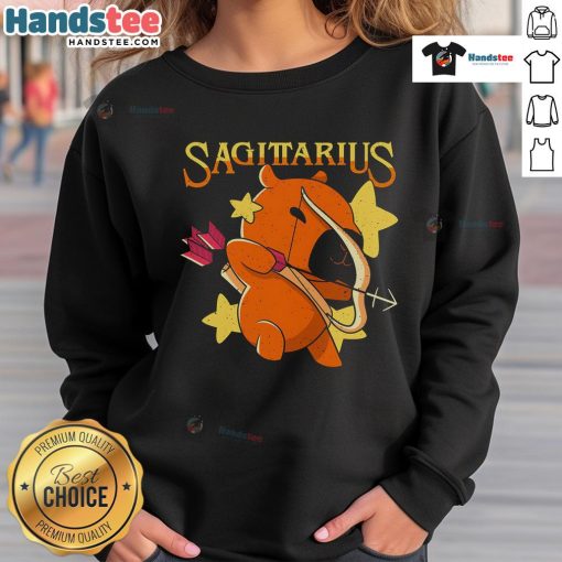 Alt Text: Adorable capybara wearing a Sagittarius-themed sweatshirt, perfect for zodiac lovers and animal enthusiasts.