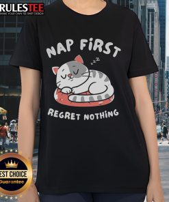 Alt Text: Cute cat napping on a pastel background, featured on a First Regret Nothing ladies tee design.