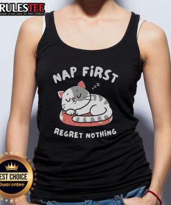 Cute cat nap tank top featuring the phrase 'First Regret Nothing' with an adorable sleeping kitten design. Perfect for cat lovers!