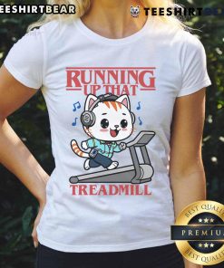 Cute cat running up a treadmill on a ladies tee, showcasing fun pet fitness style in vibrant colors.