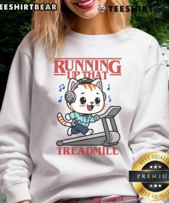 Cute cat running on a treadmill sweatshirt, featuring an adorable feline in action for pet lovers.