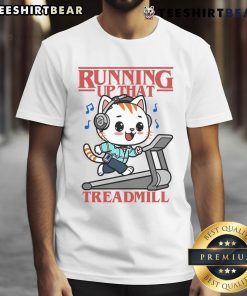 Cute cat running up a treadmill on a fun T-shirt design, perfect for cat lovers and fitness enthusiasts.