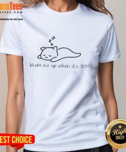 Adorable cat graphic on 'Wake Me Up When It's 2029' ladies tee, perfect for cat lovers and casual wear enthusiasts.