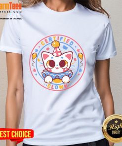 Alt Text: Adorable clown cat graphic on a ladies tee, perfect for feline lovers seeking cute and fun apparel.