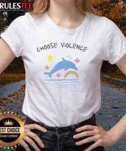 Alt Text: Cute Choose Violence Summer with Dolphins Ladies Tee featuring vibrant dolphin graphics and playful summer vibes.