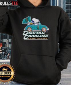 Alt Text: Cute Coastal Carolina Chanticleers hoodie featuring Snoopy and Woodstock driving a car, perfect for fans.
