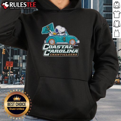 Alt Text: Cute Coastal Carolina Chanticleers hoodie featuring Snoopy and Woodstock driving a car, perfect for fans.