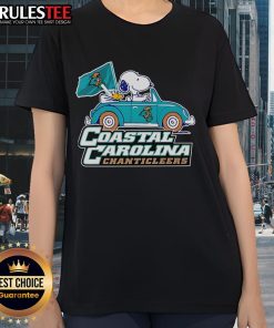 Alt Text: Cute Coastal Carolina Chanticleers tee featuring Snoopy and Woodstock driving a car, perfect for fans.