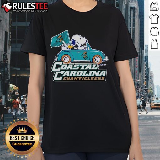Alt Text: Cute Coastal Carolina Chanticleers tee featuring Snoopy and Woodstock driving a car, perfect for fans.