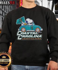 Alt Text: Cute Coastal Carolina Chanticleers sweatshirt featuring Snoopy and Woodstock driving a car, perfect for fans.