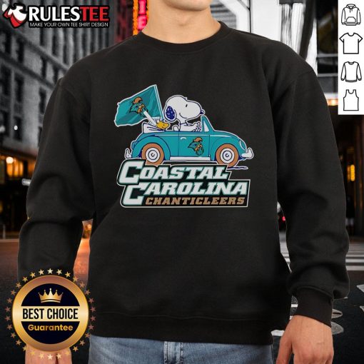 Alt Text: Cute Coastal Carolina Chanticleers sweatshirt featuring Snoopy and Woodstock driving a car, perfect for fans.