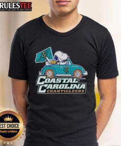 Alt Text: Cute Coastal Carolina Chanticleers T-shirt featuring Snoopy and Woodstock driving a car, perfect for fans.