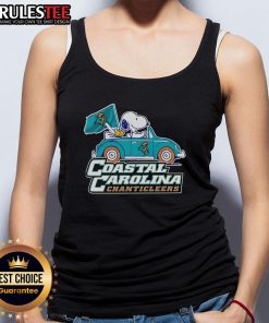 Alt Text: Cute Coastal Carolina Chanticleers tank top featuring Snoopy and Woodstock driving a car, perfect for fans.