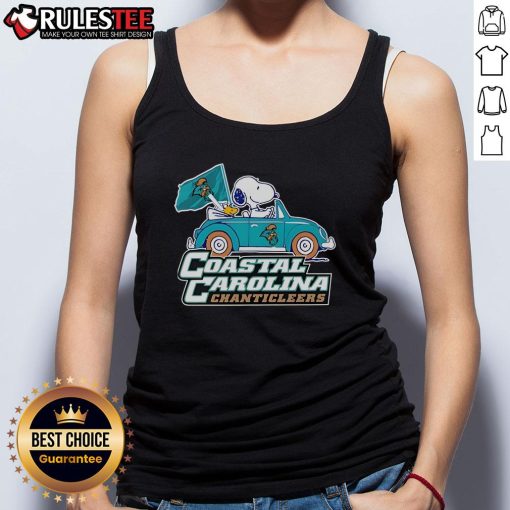 Alt Text: Cute Coastal Carolina Chanticleers tank top featuring Snoopy and Woodstock driving a car, perfect for fans.