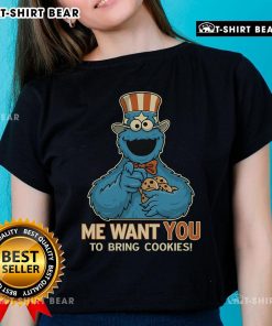 Adorable Cookie Monster graphic tee urging you to bring cookies, perfect for cookie lovers and fans of cute designs.