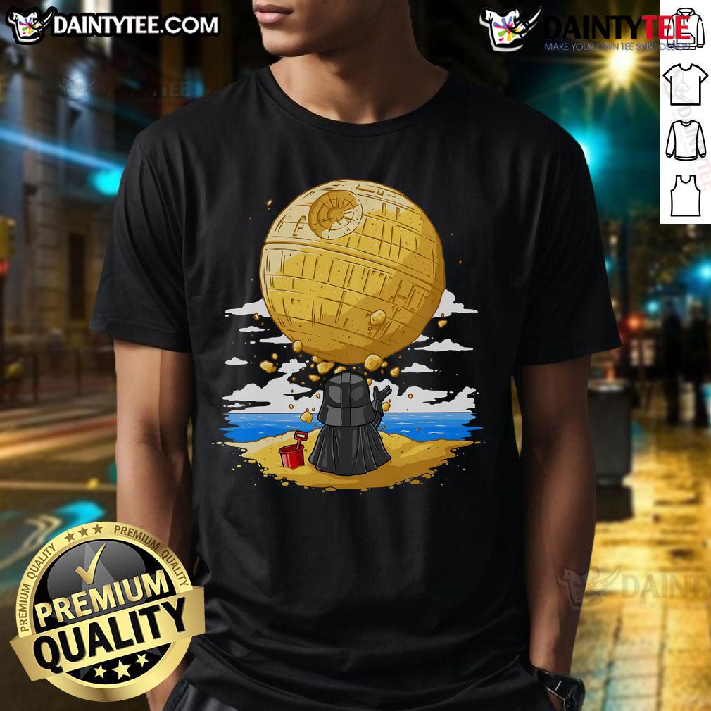 Cute Darkside Sandcastles Darth Vader T Shirt Alt Text: Cute Darkside Sandcastles Darth Vader T-Shirt featuring a whimsical design of Darth Vader building sandcastles.