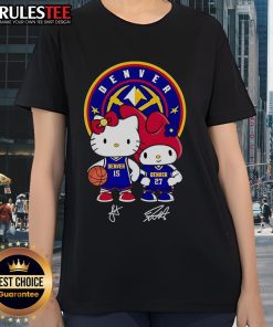 Alt Text: Cute Denver Nuggets Jokic and Murray Hello Kitty signature ladies tee featuring vibrant graphics and team spirit.