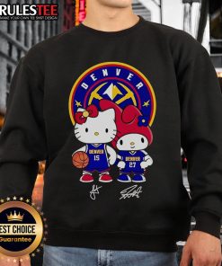 Cute Denver Nuggets Jokic and Murray Hello Kitty signature sweatshirt featuring vibrant graphics and team colors.
