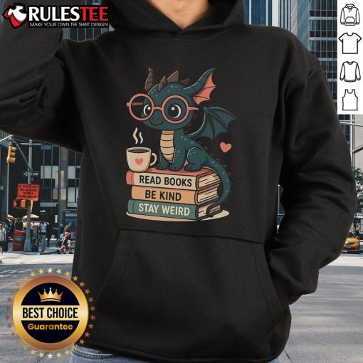 Alt Text: Cute dragons and books design on a cozy hoodie, perfect for book lovers and fantasy fans. Shop the Kind and Weird hoodie!