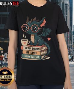 Alt Text: Cute dragons and books design on a tee featuring kind and weird ladies, perfect for fantasy lovers.