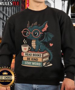 Alt Text: Cute dragons and books design on a kind and weird sweatshirt, perfect for fantasy lovers and cozy outfits.