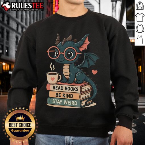 Alt Text: Cute dragons and books design on a kind and weird sweatshirt, perfect for fantasy lovers and cozy outfits.