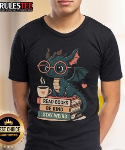 Alt Text: Cute dragons and books graphic on a kind and weird T-shirt, perfect for fantasy lovers and book enthusiasts.
