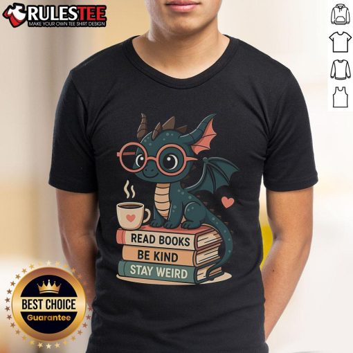 Alt Text: Cute dragons and books graphic on a kind and weird T-shirt, perfect for fantasy lovers and book enthusiasts.