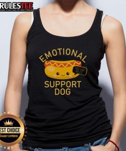 Cute emotional support dog wearing a funny 'You Can Do It' hot dog tank top, spreading joy and positivity.