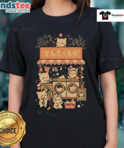 Cute fantasy laundry cats design on a ladies tee, perfect for cat lovers and whimsical fashion enthusiasts.