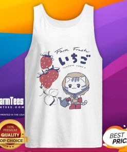 Cute farm fresh strawberries tank top design featuring vibrant red strawberries on a soft fabric background.