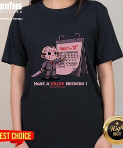 Alt Text: Cute Friday the 13th ladies tee featuring a playful design for a killer weekend vibe. Perfect for horror fans!