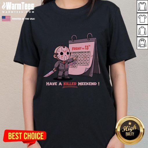 Alt Text: Cute Friday the 13th ladies tee featuring a playful design for a killer weekend vibe. Perfect for horror fans!