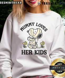 Adorable Cute Halloween Snoopy and Woodstock mummy sweatshirt, perfect for kids' festive celebrations.