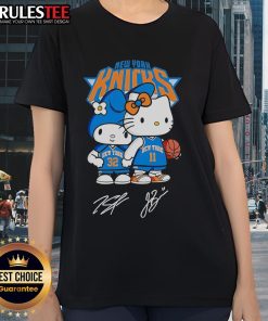 Cute Hello Kitty New York Knicks basketball kawaii signatures ladies tee featuring colorful graphics and playful design.