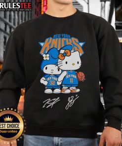 Alt Text: Cute Hello Kitty New York Knicks basketball sweatshirt featuring kawaii signatures, perfect for fans and casual wear.