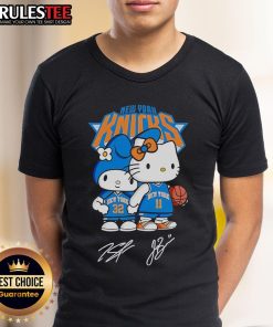 Alt Text: Cute Hello Kitty New York Knicks Basketball Kawaii Signatures T-Shirt featuring playful designs and vibrant team colors.