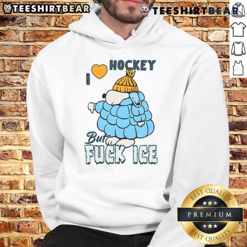 Cute ivory Snoopy hoodie with 'I Love Hockey' design, perfect for hockey fans and cozy casual wear.