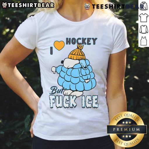 Alt Text: Cute ivory Snoopy ladies tee featuring 'I Love Hockey' design, perfect for hockey fans and casual wear.