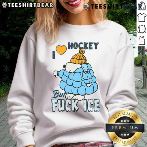 Alt Text: Cute ivory Snoopy sweatshirt with 'I Love Hockey' design, perfect for hockey fans and cozy casual wear.