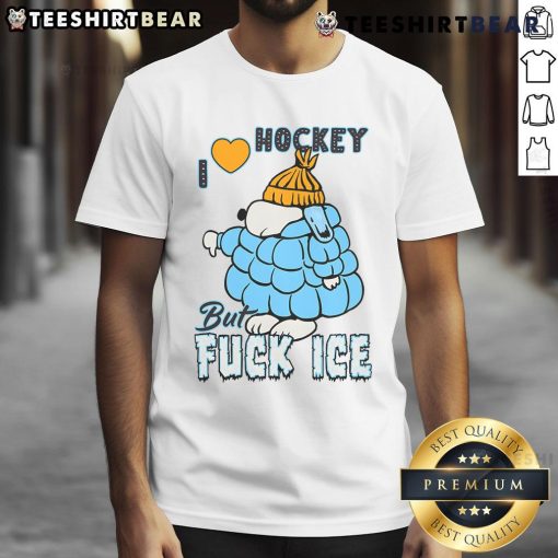 Alt Text: Cute ivory Snoopy T-shirt featuring I Love Hockey design, perfect for hockey fans and casual wear.