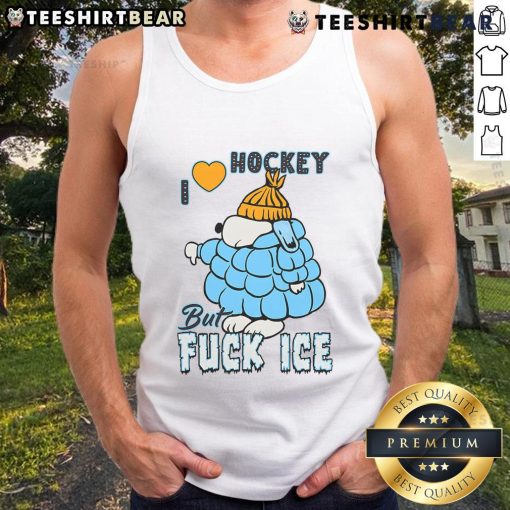 Cute ivory Snoopy tank top with 'I Love Hockey' design, perfect for hockey fans and casual wear.
