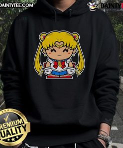 Alt Text: Cute small Ms. Sailor Chibi Usagi Tsukino in a Sailor Moon hoodie, showcasing her adorable design and vibrant colors.
