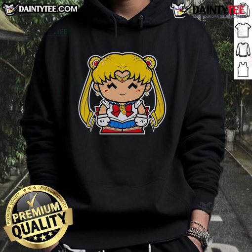 Alt Text: Cute small Ms. Sailor Chibi Usagi Tsukino in a Sailor Moon hoodie, showcasing her adorable design and vibrant colors.