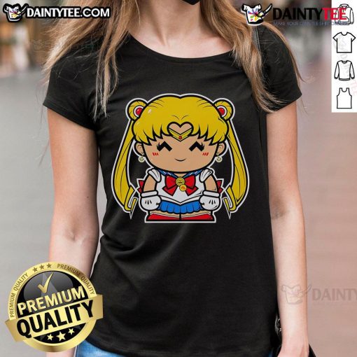 Alt Text: Cute small Ms. Sailor Chibi Usagi Tsukino from Sailor Moon on a stylish ladies tee, perfect for fans.