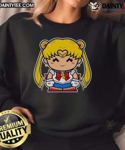 Alt Text: Cute small Ms. Sailor Chibi Usagi Tsukino from Sailor Moon wearing a cozy sweatshirt, perfect for fans.