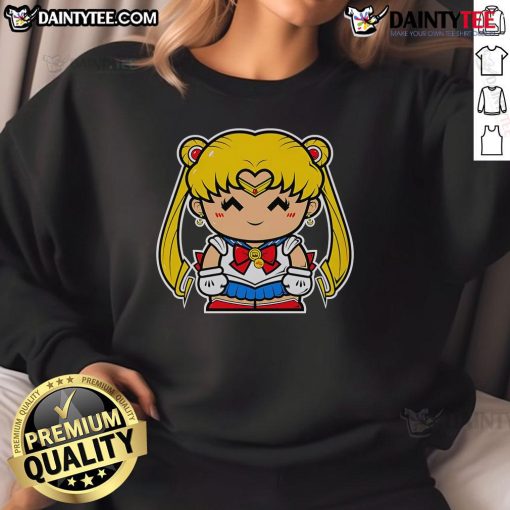 Alt Text: Cute small Ms. Sailor Chibi Usagi Tsukino from Sailor Moon wearing a cozy sweatshirt, perfect for fans.
